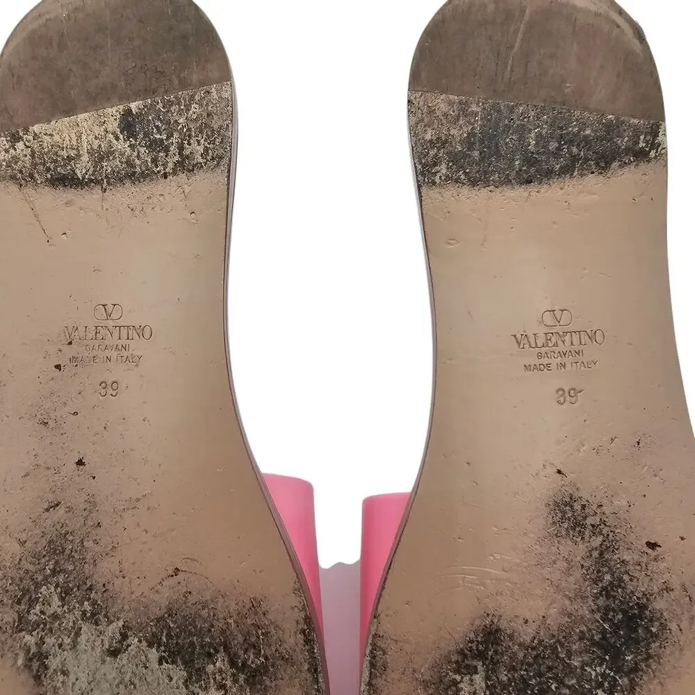 Valentino Garavani VLogo Flat Slide Sandal Pink Leather Logo Cut Out Size 39 9